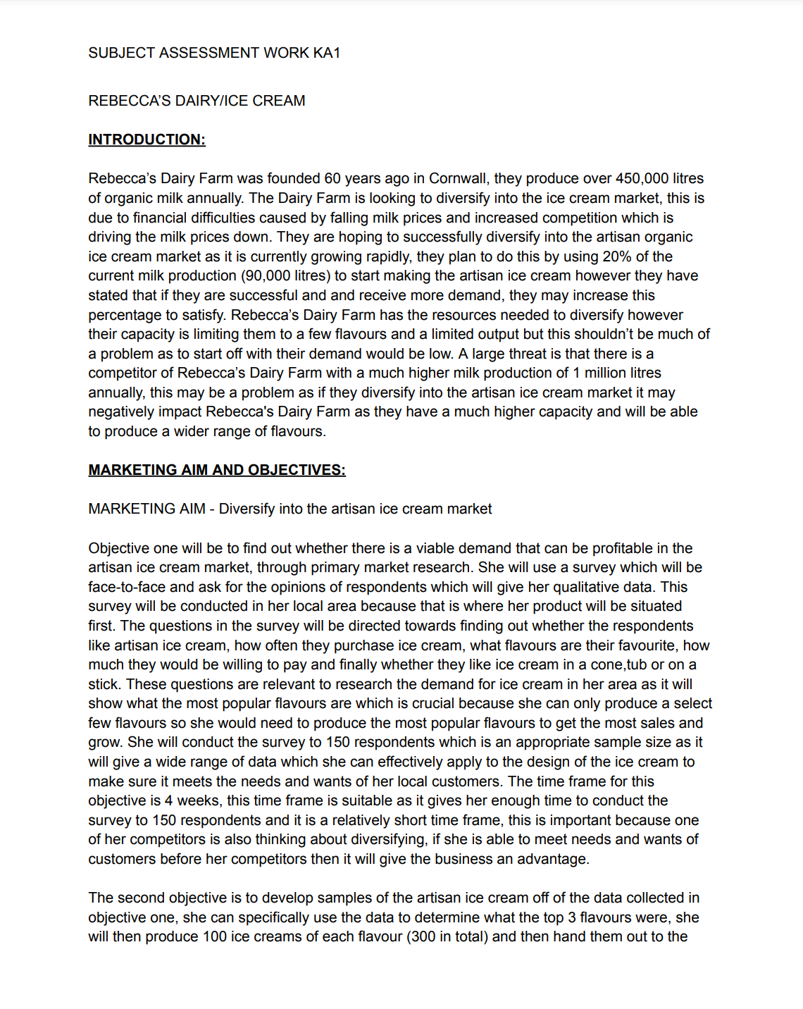 Unit 2 Rebecca's Dairy Developing a Marketing Campaign Exam Example