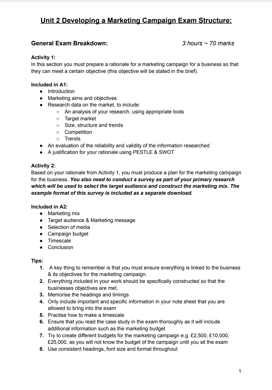 Unit 2 Developing a Marketing Campaign Exam Structure 2024