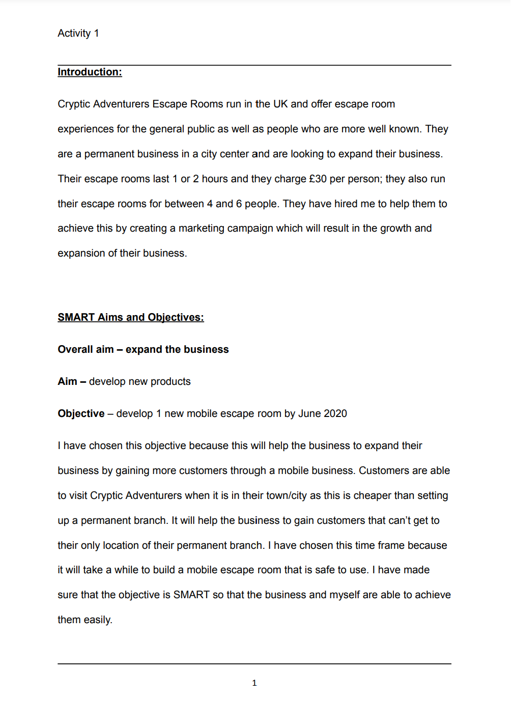 Unit 2 Escape Rooms Developing a Marketing Campaign Exam Example