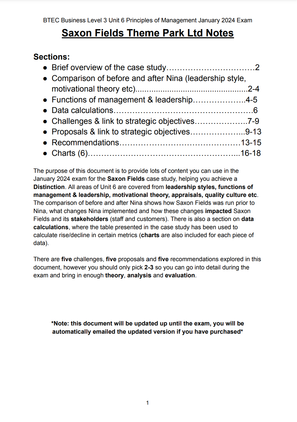 Saxon Fields Theme Park Ltd Complete Notes for Unit 6 Principles of Management 2024 Exam