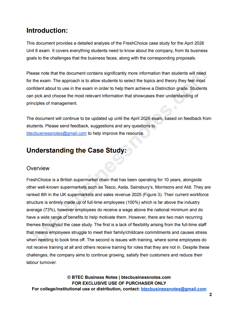 FreshChoice Case Study Notes for Unit 6 Principles of Management Exam