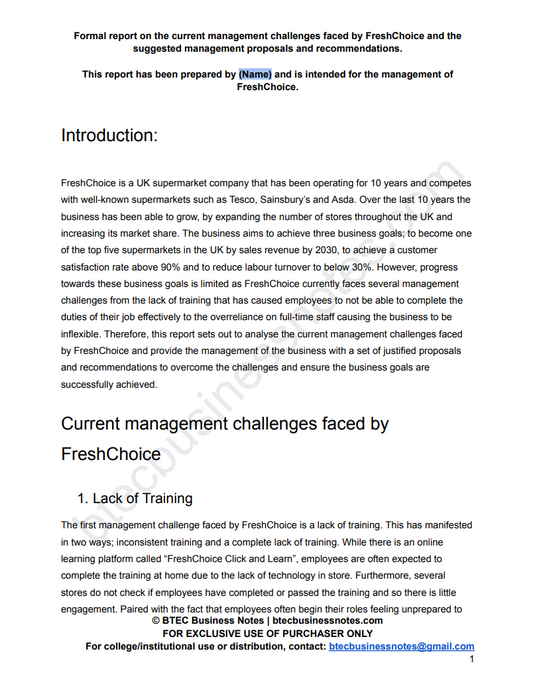 FreshChoice Distinction Grade Report and Presentation Example