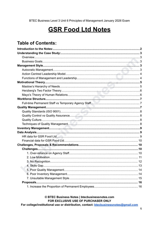GSR Food Ltd Case Study Notes for Unit 6 Principles of Management Exam