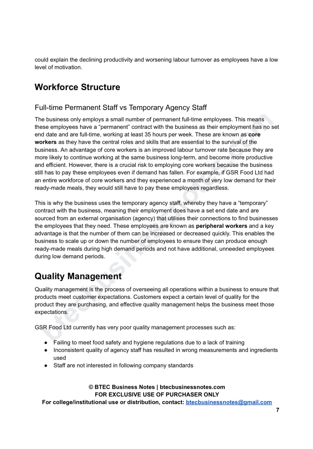 GSR Food Ltd Case Study Notes for Unit 6 Principles of Management Exam