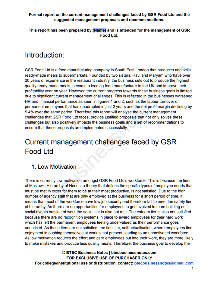 Gsr Unit GSR Food Ltd – BTEC Business Level 3 Notes