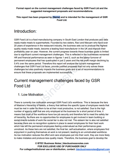 GSR Food Ltd Distinction Grade Report and Presentation Example – BTEC ...