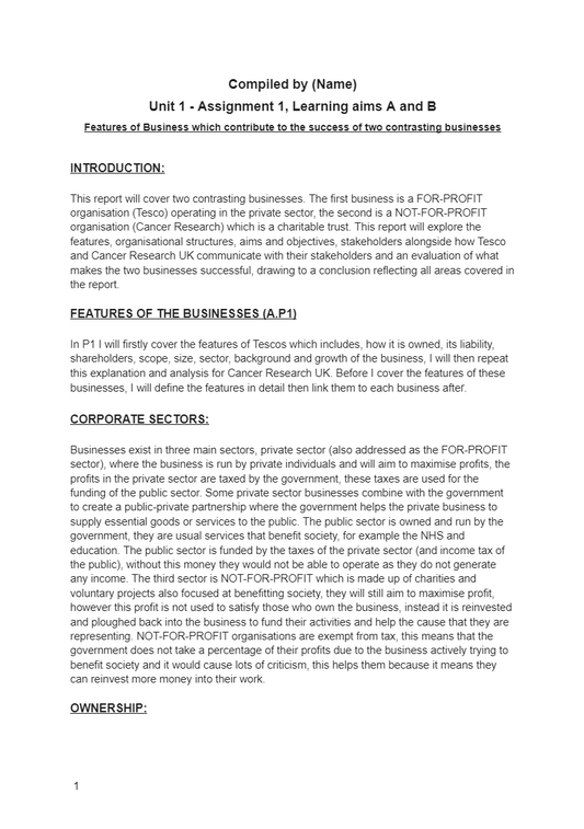 Unit 1 Exploring Business – BTEC Business Level 3 Notes