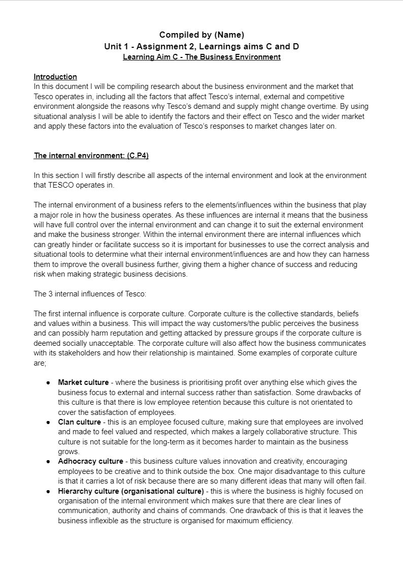 Exploring Business Assignment 2 – BTEC Business Level 3 Notes