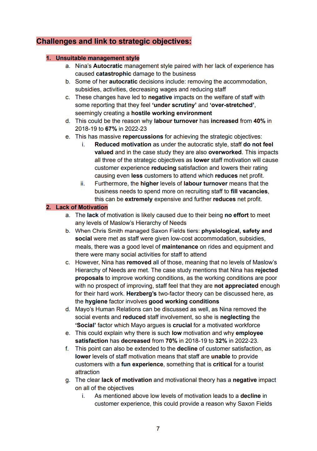 Saxon Fields Theme Park Ltd Complete Notes for Unit 6 Principles of Management 2024 Exam