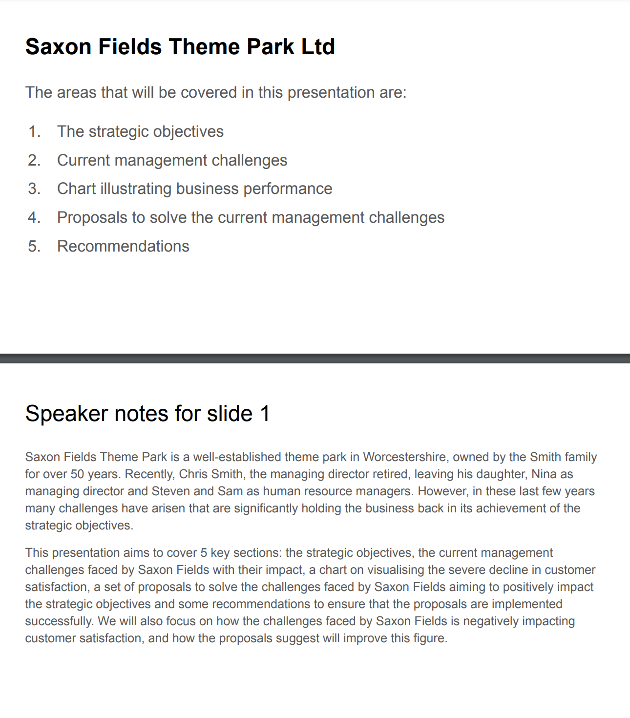 Distinction Graded Example Report and Presentation for Saxon Fields Theme Park Ltd