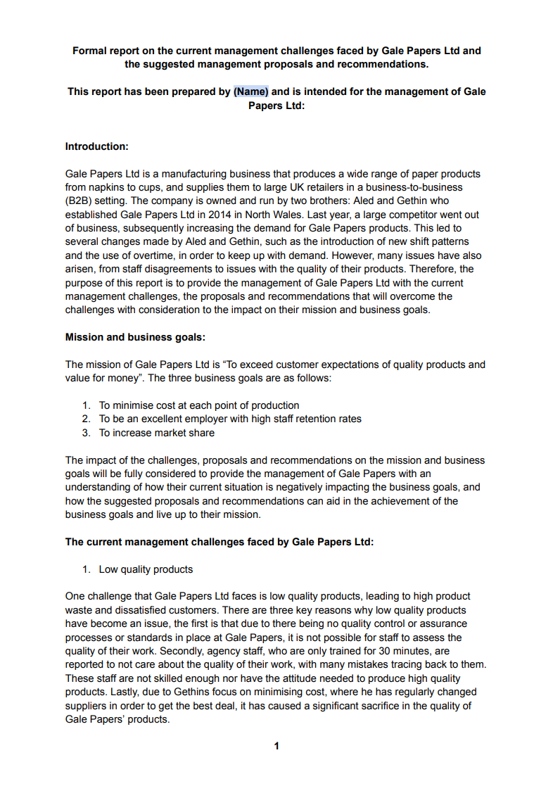 Gale Papers Ltd Part B Report and Presentation EXAMPLE – BTEC Business ...